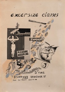 "EXERCISE CLASSES", poster advertising weekly dancing classes held at 322 Brunswick Street, Fitzroy. Hand printed silk screen on paper with silver accents added after printing, 42 x 30cm