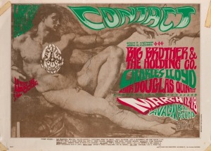 "CONTACT - BIG BROTHER & THE HOLDING CO.", 1967 poster for dance and concert in San Francisco featuring Big Brother And The Holding Co., Charles Lloyd, and Sir Douglas Quintent. Poster designed by Rick Griffin (1944 - 1991), an American artist and one of the leading designers of psychedelic posters in the 1960s. Rare original print lithograph printed on paper, 36.5 x 51cm