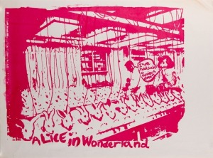 "ALICE IN WONDERLAND", c. 1984 poster depicting white rabbit production line and Alice exclaiming "I've had such a curious dream". Designed and printed by Viva Gillian Gibb (1945–2017). Screenprint on paper, 38 x 51cm