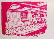 "ALICE IN WONDERLAND", c. 1984 poster depicting white rabbit production line and Alice exclaiming "I've had such a curious dream". Designed and printed by Viva Gillian Gibb&nbsp;(1945&ndash;2017). Screenprint on paper, 38 x 51cm
