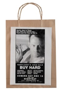 RED PLANET BUNDLE, two items printed by Red Planet. "OUR LADY OF PERPETUAL CASH FLOW" by Carol Porter hand silk screen printed on card, 32 x 24.5cm overall, together with "BUY HARD" paper bag for Red Planet Christmas sale.