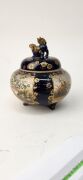SATSUMA antique Japanese earthenware lidded pot on blue ground with floral decoration, gilt highlights and Foo dog finial, Meiji period, 19th/20th century, ​​​​​​​13cm high - 2