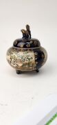 SATSUMA antique Japanese earthenware lidded pot on blue ground with floral decoration, gilt highlights and Foo dog finial, Meiji period, 19th/20th century, ​​​​​​​13cm high - 10