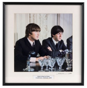 THE BEATLES IN AUSTRALIA, 1964: "John and Paul at Press Conference, Adelaide 1964". Original colour print, signed by Vic Grimmett in the lower margin,  24.5 x 24.5cm, 35 x 34cm overall. 