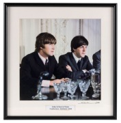 THE BEATLES IN AUSTRALIA, 1964: "John and Paul at Press Conference, Adelaide 1964". Original colour print, signed by Vic Grimmett in the lower margin, 24.5 x 24.5cm, 35 x 34cm overall.