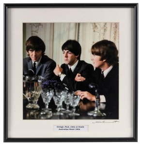 THE BEATLES IN AUSTRALIA, 1964: "George, Paul, John at South Australian Hotel 1964". Original colour print, signed by Vic Grimmett in the lower margin,  24.5 x 24.5cm, 35 x 34cm overall. 