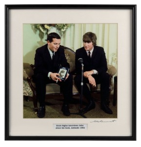 THE BEATLES IN AUSTRALIA, 1964: "Ernie Signley interviews John about his book, Adelaide 1964". Original colour print, signed by Vic Grimmett in the lower margin, 24.5 x 24.5cm, 35 x 34cm overall.