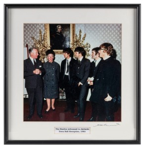 THE BEATLES IN AUSTRALIA, 1964: "The Beatles welcomed to Adelaide Town Hall Reception, 1964". Original colour print, signed by Vic Grimmett in the lower margin, 24.5 x 24.5cm, 35 x 34cm overall.