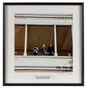 THE BEATLES IN AUSTRALIA, 1964: "Beatles on Balcony, South Australian Hotel 1964". Original colour print, signed by Vic Grimmett in the lower margin, 24.5 x 24.5cm, 35 x 34cm overall.