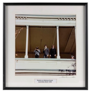 THE BEATLES IN AUSTRALIA, 1964: "Beatles on Balcony, South Australian Hotel 1964". Original colour print, signed by Vic Grimmett in the lower margin,  24.5 x 24.5cm, 35 x 34cm overall. 