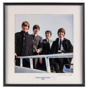 THE BEATLES IN AUSTRALIA, 1964: "Beatles Adelaide Airport 1964". Original colour print, signed by Vic Grimmett in the lower margin, 24.5 x 24.5cm, 35 x 34cm overall.