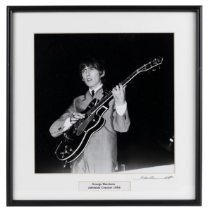 THE BEATLES IN AUSTRALIA, 1964: "George Harrison Adelaide Concert,1964". Original black and white print, signed by Vic Grimmett in the lower margin, 24.5 x 24.5cm, 35 x 34cm overall.