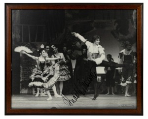 RUDOLF NUREYEV performs in Don Quixote with the Australian Ballet. Original black and white print, 1970, Signed by Rudolf Nureyev and Vic Grimmett. 45 x 55cm overall.