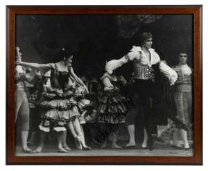 RUDOLF NUREYEV performs in Don Quixote with the Australian Ballet". Original black and white print, 1970, Signed by Rudolf Nureyev and Vic Grimmett. 45 x 55cm overall.