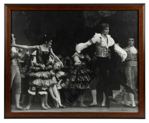 RUDOLF NUREYEV performs in Don Quixote with the Australian Ballet". Original black and white print, 1970, Signed by Rudolf Nureyev and Vic Grimmett. 45 x 55cm overall.