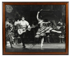 RUDOLF NUREYEV performs in Don Quixote with the Australian Ballet. Original black and white print, 1970, Signed by Rudolf Nureyev and Vic Grimmett. 45 x 55cm overall.