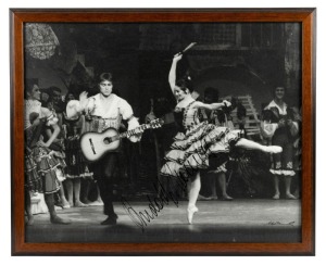 RUDOLF NUREYEV performs in Don Quixote with the Australian Ballet. Original black and white print, 1970, Signed by Rudolf Nureyev and Vic Grimmett. 45 x 55cm overall.