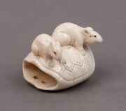 Three Japanese carved ivory netsukes comprising: turtle, rats and rabbits, Meiji Period, the largest 4.5cm wide - 12