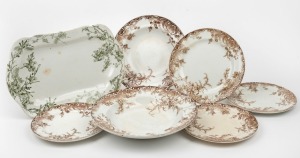 DOULTON BURSLEM "Wattle" antique English porcelain serving platter, two bowls and four assorted side plates, circa 1890s, (7 items), the serving dish 32cm wide