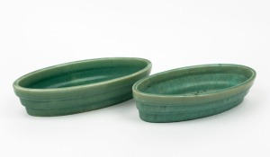 MELROSE WARE pair of green glazed pottery oval flower troughs with Art Deco styling, one example stamped "Melrose Ware, Australian", 6cm high, 30cm wide