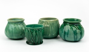 MELROSE WARE four green glazed pottery vases with gumnuts and gum leaf decoration, two examples stamped "Melrose Ware, Australian", the largest 7.5cm high