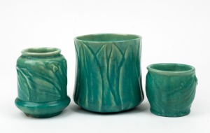 MELROSE WARE three green glazed pottery vases with gumnuts and gum leaf decoration, stamped "Melrose Ware, Australian", the largest 11cm high