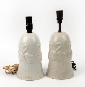 MELROSE WARE rare pair of cream glazed pottery table lamp bases with flamingo decoration, stamped "Melrose Ware, Australian", 36cm and 33cm high overall