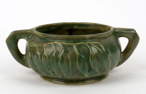 MELROSE WARE olive green glazed two handled pottery bowl with gum leaf decoration, stamped "Melrose Ware, Australian", 8cm high, 22cm wide