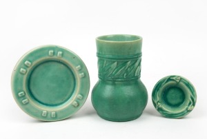 MELROSE WARE green glazed pottery vase with unusual band of gum leaf decoration, together with two green glazed pottery dishes, (3 items), both dishes stamped "Melrose Ware, Australian", the vase 16.5cm high