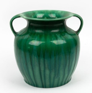 MELROSE WARE green glazed two handled pottery vase, stamped "Melrose Ware, Australian", 24cm high, 25cm wide