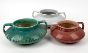 MELROSE WARE three assorted two handled pottery mantle vases, glazed in green, burgundy and grey, stamped "Melrose Ware, Australian" the largest 26cm wide