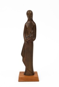 LEOPOLDINE MIMOVICH cast bronze Madonna and child statue, 20th century, 28cm high including stand