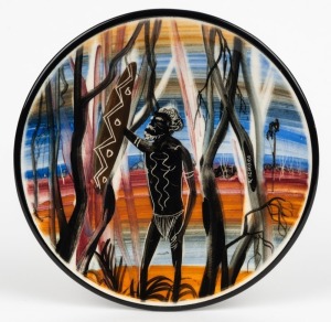 ARTHUR MERRIC BOYD hand-painted pottery plaque adorned with Aboriginal figure in landscape, signed "Richard", incised "A. M. Boyd", 18cm diameter