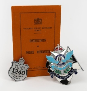 VICTORIA POLICE AUXILIARY FORCE "Instructions To Police Reservists"; together with badge and a "Police Force Victoria Motor Sport" car badge, (3 items)