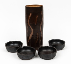 CHARLES WILTON brown glazed pottery vase with incised decoration, together with four glazed pottery bowls by FLORENZ, (5 items), the vase 27cm high