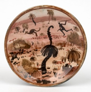 ARTHUR MERRIC BOYD & NEIL DOUGLAS pottery dish with hand-painted bush scene with kangaroo and Aboriginal hunter, incised "A.M.B.", 12.5cm diameter