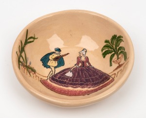 SADIE KENNEDY pottery bowl with hand-painted romantic scene, incised "S. Kennedy", ​​​​​​​5cm high, 17cm diameter