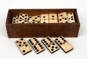 Antique whalebone and ebony dominoes in vintage case, 19th century, the case 18cm wide