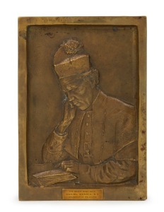ARCHBISHOP MANNIX of Melbourne, cast brass plaque with title "His Grace Most Rev.d. Daniel Mannix. D.D. Archbishop of Melbourne", 23.5cm high, 16cm high