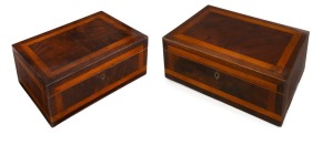 HIS & HERS rare pair of antique Australian flame cedar and huon pine graduated boxes, the larger bearing hand-written inscription: "December 24th, 1863. Forget Me Not. To flourish round my native bower, and blossom near my cat, I cultivate a little flower they call forget me not.", signed "August", the larger 13.5cm high, 35cm wide, 22.5cm deep
