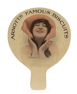 "ARNOTTS FAMOUS BISCUITS" antique point of sale advertising fan, 27.5cm high