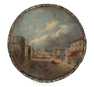 FREDERICK CASEMERO (Charles) TERRY (1827 - 1869) (attrib.) King Street, 1855, oil on board, (by or after Terry) circular panel, with tesselated mother-of-pearl and black japanned border, titled lower right "King Street looking East" and inscribed by brushpoint at lower centre, "King Street / 1855" 39cm diameter.