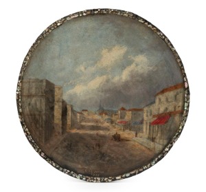 FREDERICK CASEMERO (Charles) TERRY (1827 - 1869) (attrib.) King Street, 1855, oil on board, (by or after Terry) circular panel, with tesselated mother-of-pearl and black japanned border, titled lower right "King Street looking East" and inscribed by brush