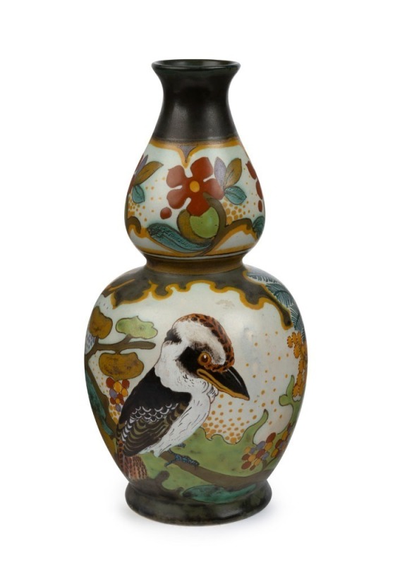 GOUDA art pottery "Laughing Jackass" hand-painted kookaburra vase with wattle decoration on reverse, signed "072/1, HOLLAND, GOUDA, LAUGHING-JACKASS, DUTCH-ART-POTTERY" and with pictorial mark, 31cm high