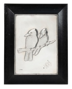 An antique English framed sterling silver plaque with fine repousse kookaburra decoration, made in Sheffield, early 20th century, with Coles Book Arcade paper label verso and monogram "HAJ" for Helen Ann Jones, 41 x 33cm overall