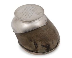"LINLITHGOW" horse hoof inkwell mounted in Scottish sterling silver by Mackay & Chisholm, Edinburgh, circa 1923, engraved "Linlithgow. Bred in Australia about 1906. Joined the Regiment 1909. Great War 1914-1918. Died Wells, 1923." and adorned with castle motif titled "Inniskilling", 10cm high, 13cm wide, 16cm deep