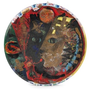 BERNARD HESLING (1905-1987), (untitled faces), enamel on tin panel, signed lower centre "Hesling", 41cm diameter