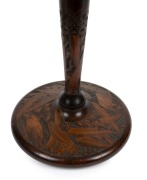An Australian folk art&nbsp;stained huon pine pokerwork wine table, decorated with gumnuts, leaves and kookaburras, circa 1920s, 59cm high, 35cm diameter - 2
