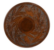 An Australian folk art&nbsp;stained huon pine pokerwork wine table, decorated with gumnuts, leaves and kookaburras, circa 1920s, 59cm high, 35cm diameter - 3
