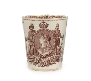 DOULTON BURSLEM "Australian Federation, 1901" earthenware beaker in brown transfer colourway, stamped "Doulton Burslem, England", 10cm high
